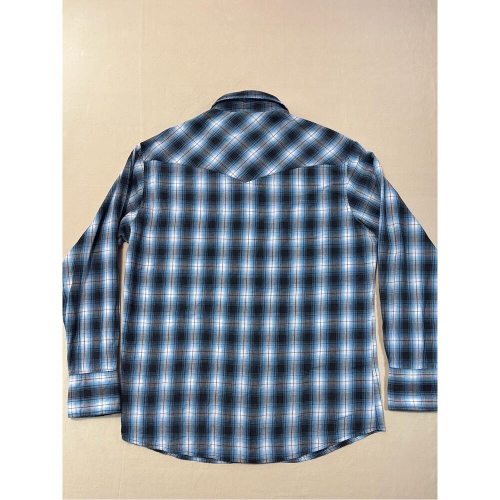 Wrangler Blue and Black Plaid Western Pearl Snap Shirt Men’s Size Large - Picture 8 of 8